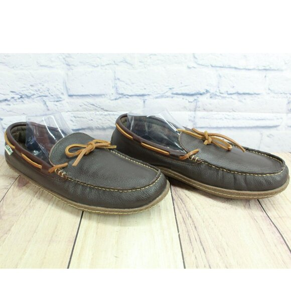 LL Bean Brown Leather Flannel Lined Handsewn Moccasin Slippers Size 13 M - Picture 3 of 9